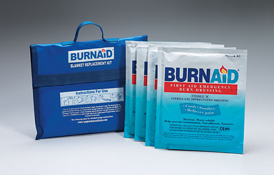 Burnaid® burn blanket kit, 4, 16"x22" burn dressings (equivalent to 5'x7' blanket) in nylon, refillable blue bag, 1 ea. 