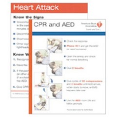 This useful card illustrates the steps for adult one-rescuer CPR and AED use on one side and warning signs and appropriate actions for a heart attack on the other. Fits easily in a wallet or purse. In packs of 100. 