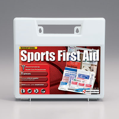 Sports first aid kits, sports first aid supplies:  Sports first aid wrap, antiseptic spray,  bandages, gloves, instant cold compresses,  moleskin, finger splint, first aid guide, aspirin, non-aspirin, scissors, tweezers, elastic bandage wrap, and a variety of first aid supplies.
