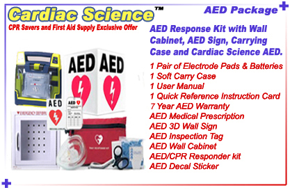 Cardiac Science PowerHeart AED Package includes: AED, 1 pair of adult electrode pads, battery, soft carry case, user manual, reference card, AED 3D wall sign, AED inspection Tag, AED/CPR First Responder kit, AED decal sticker, and AED Wall Cabinet & 7 Year warranty!!
