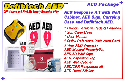 Defibtech Lifeline AED Package includes: AED, 1 pair of adult electrode pads, battery, soft carry case, user manual, reference card, AED 3D wall sign, AED inspection Tag, AED/CPR First Responder kit, AED decal sticker, and AED Wall Cabinet & 7 Year warranty!!
