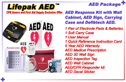 Medtronic Lifepak CR Plus AED Package includes: AED, 1 pair of adult electrode pads, battery, soft carry case, user manual, reference card, AED 3D wall sign, AED inspection Tag, AED/CPR First Responder kit, AED decal sticker, and AED Wall Cabinet & 5 Year warranty!!