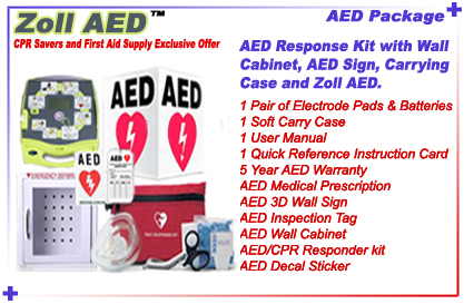 ZOLL AED Package includes: AED, 1 pair of adult electrode pads, battery, soft carry case, user manual, reference card, AED 3D wall sign, AED inspection Tag, AED/CPR First Responder kit, AED decal sticker, and AED Wall Cabinet & 5 Year warranty!!